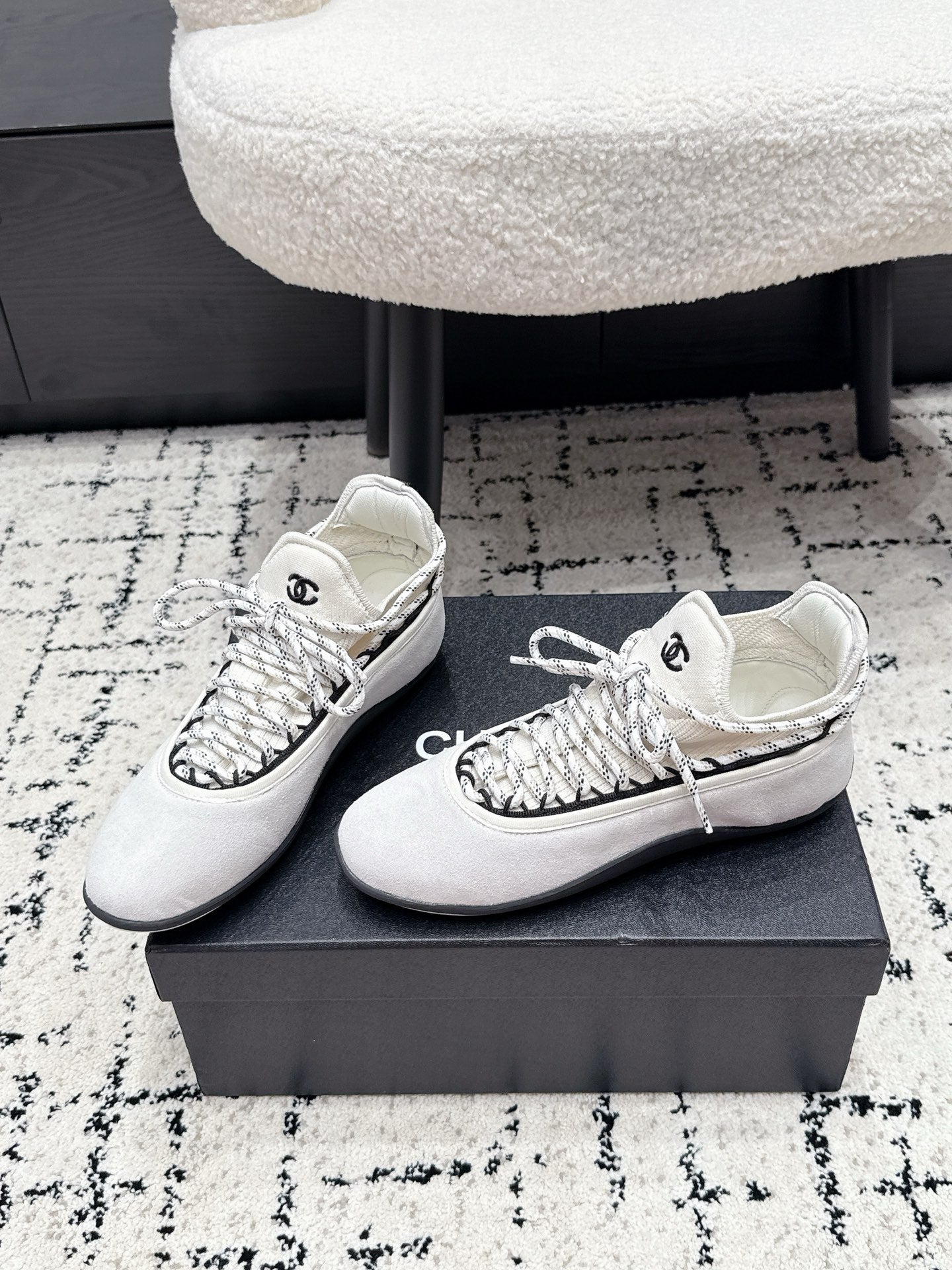 CHANEL 26S LACE-UP SNEAKERS IN WHITE SUEDE