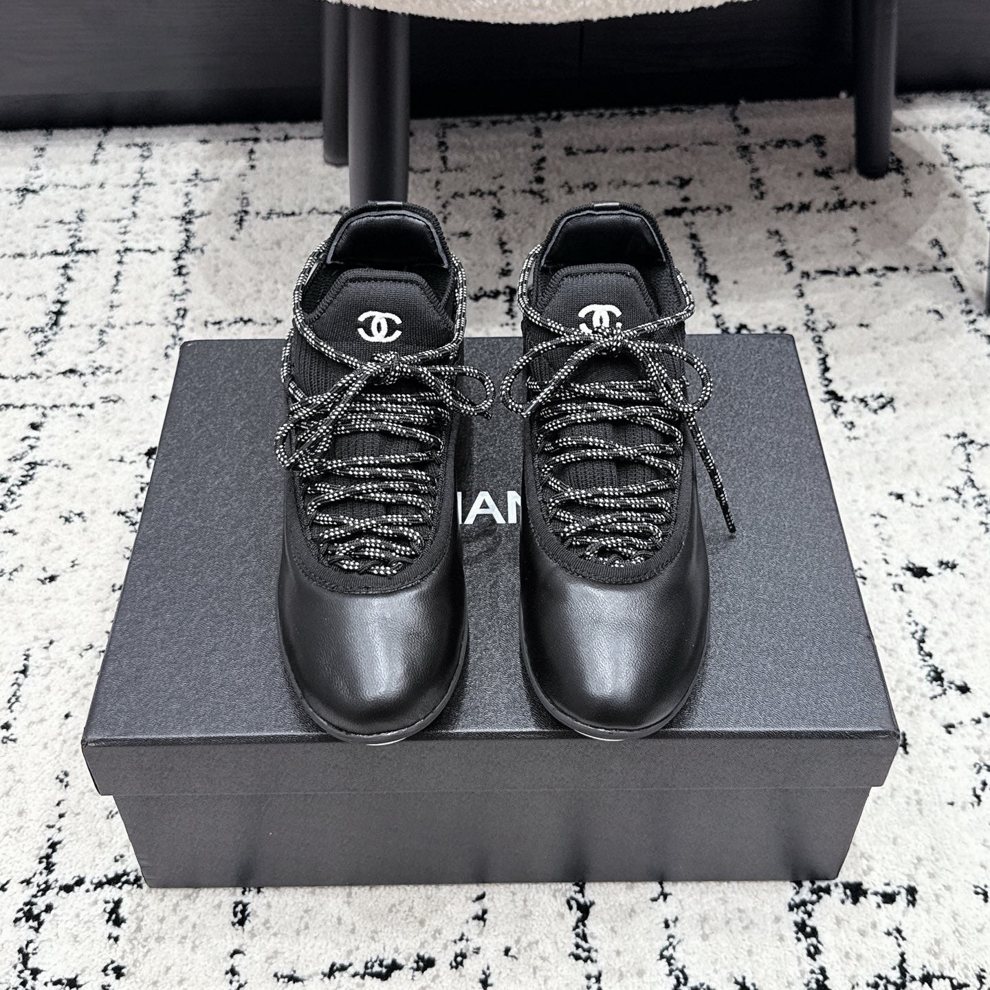CHANEL 26S LACE-UP SNEAKERS IN BLACK FABRIC AND LAMBSKIN