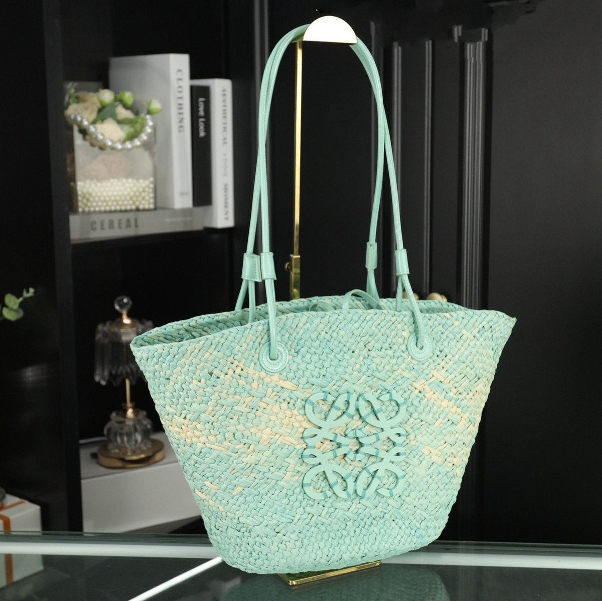LOE SMALL ANAGRAM BASKET 28 BAG IN LIGHT BLUE IRACA PALM AND CALFSKIN