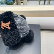 KNITTED BEANIE HAT IN BLACK MIX GRAY WOOL WITH CUTE BEAR EARS 422498