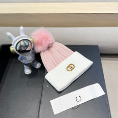 BEANIE HAT IN LIGHT PINK MIX WHITE WOOL AND FOX FUR 422503