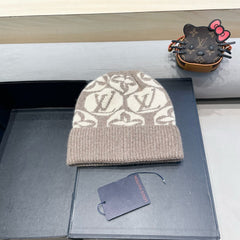 KNITTED BEANIE HAT IN BROWN MIX BEIGE WOOL AND RABBIT FUR 426244