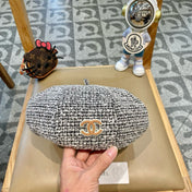 BERET HAT IN BLACK MIX WHITE WOOL TWEED 430011