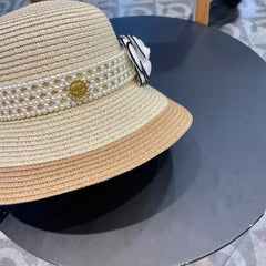 STRAW BUCKET HAT WINDSOR GREIGE WITH PEARLS 672763