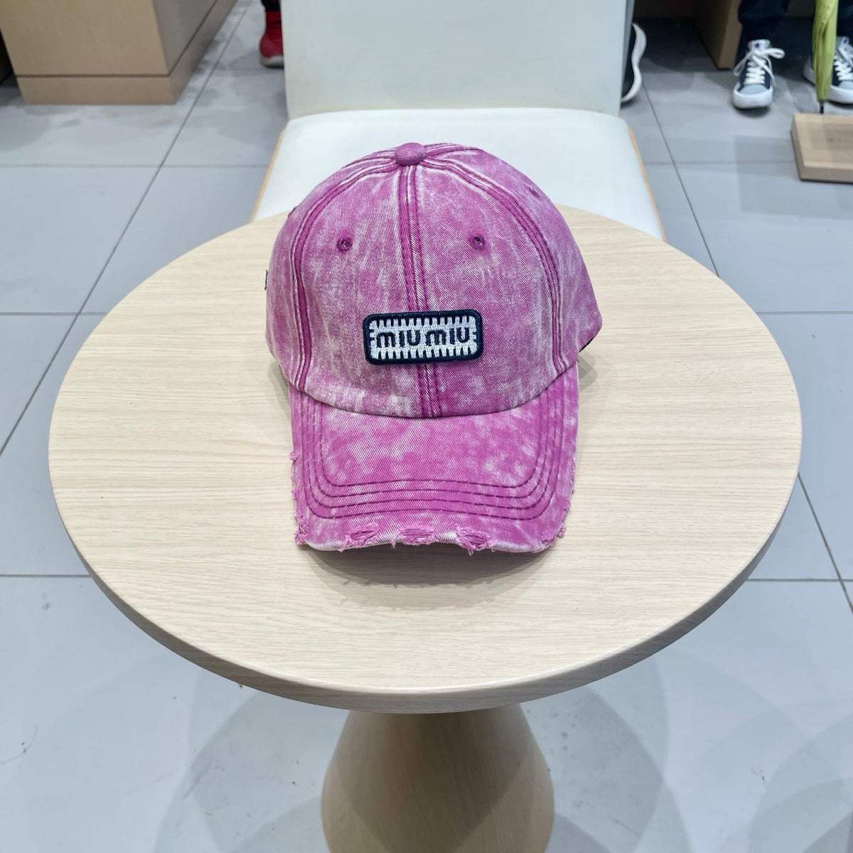 MM DISTRESSED FABRIC BASEBALL CAP IN PINK WITH EMBROIDERED LOGO