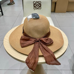 MM WIDE-BRIM BEACH HAT IN BEIGE WITH FABRIC BOW
