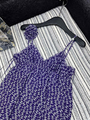 CHANEL DARK PURPLE SILK CAMELLIA DRESS WITH PEARL DETAILS