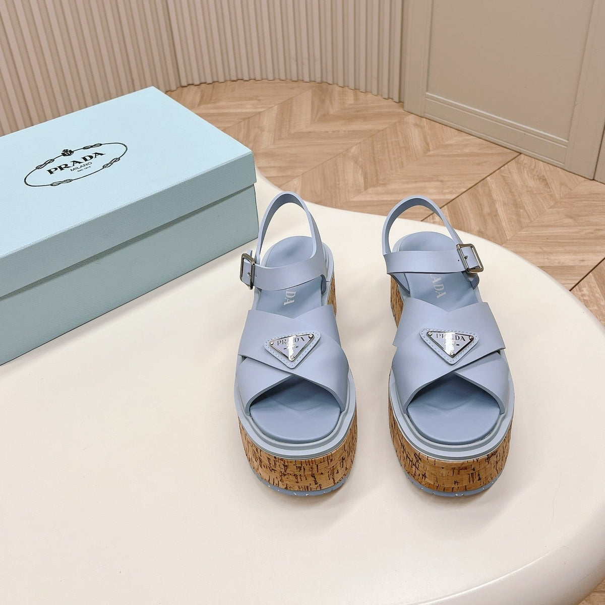 PRA WEDGE PLATFORM SANDALS SAPPHIRE CALFSKIN