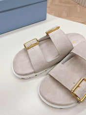 Double Buckle Strap Slides 20 Light Grey Suede