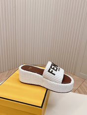 FENDI SIGNATURE WEDGE PLATFORM 6 CM IN WHITE FIBRE WITH BROWN EMBROIDERED LOGO