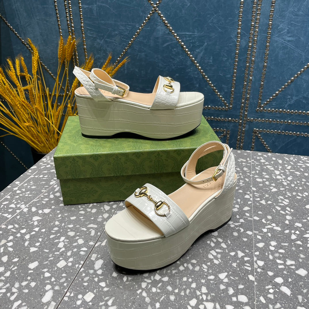 GG  HORSEBIT FLATFORM SANDAL GLOSSY WHITE CALFSKIN