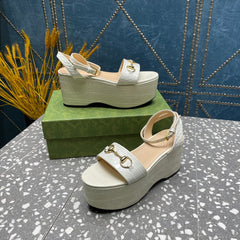 GG  HORSEBIT FLATFORM SANDAL GLOSSY WHITE CALFSKIN