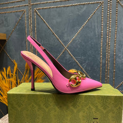 WOMEN'S SLINGBACK 10.5 CM IN FUSCIA PINK CALFSKIN WITH GOLD HARDWARE
