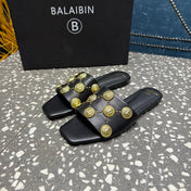 BALMAIN 26S SLIPPERS IN BLACK CALFSKIN WITH GOLD HARDWARE