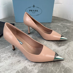 PRADA 25S METAL-CAPPED POINTED-TOE HIGH HEELS IN WARM BEIGE CALFSKIN