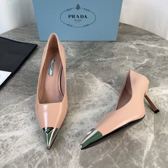PRADA 25S METAL-CAPPED POINTED-TOE HIGH HEELS IN WARM BEIGE CALFSKIN