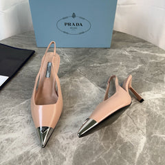 PRADA 25S METAL-TOE SLINGBACK PUMPS IN WARM BEIGE CALFSKIN