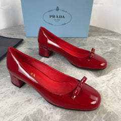 PRADA 25S LOW HEELS SLIP ON BOW 45MM IN DARK WINE RED GLOSSY CALFSKIN