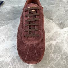 PRADA 25S MONTECARLO ANTIQUED SNEAKERS IN MAHOGANY BROWN SUEDE