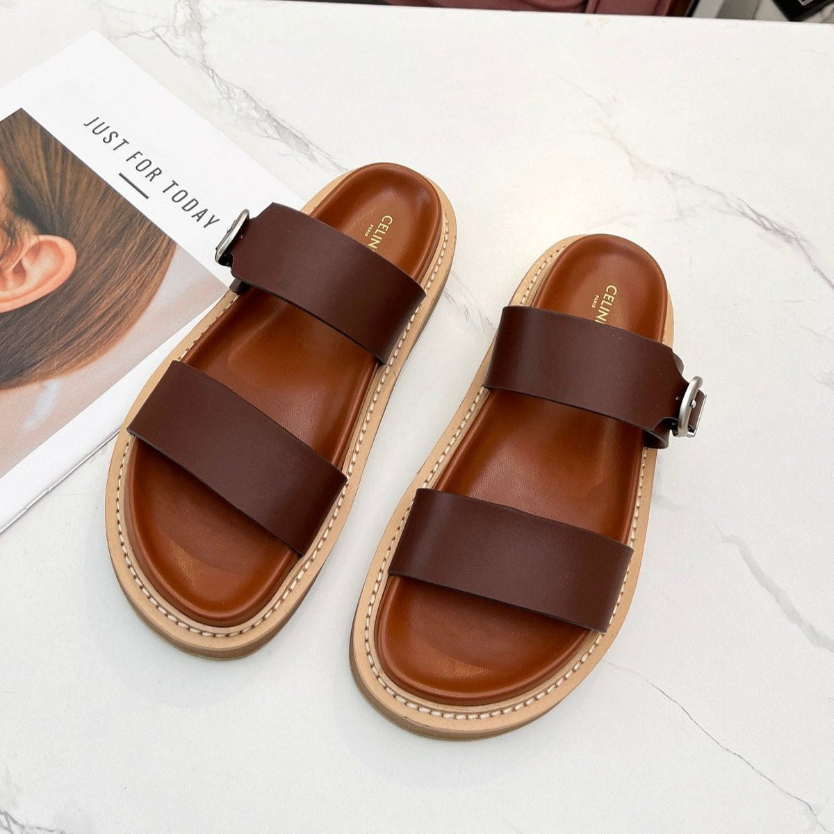 TWO-STRAP SANDALS IN CHESTNUT BROWN CALFSKIN
