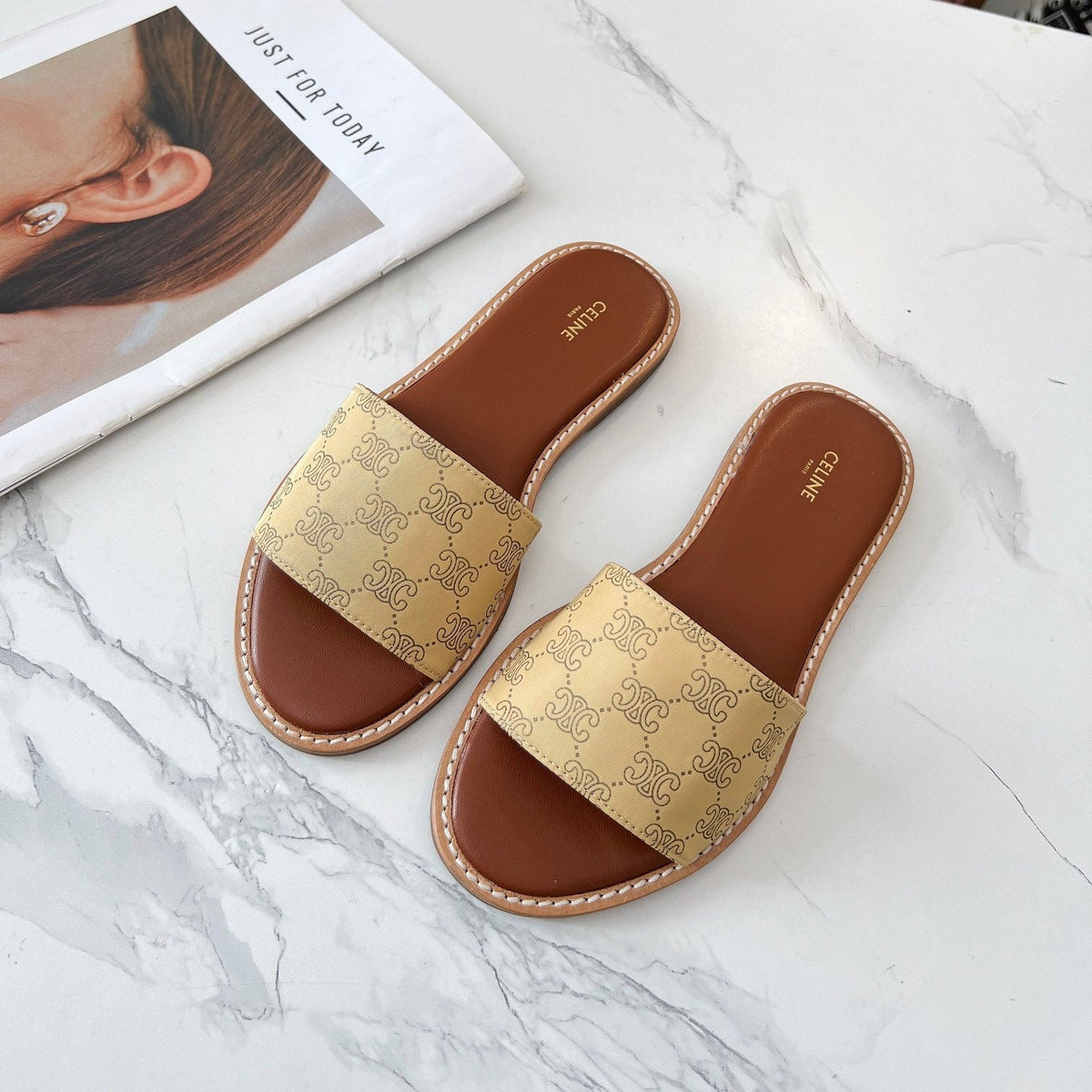 LYMPIA MULE BEIGE CANVAS EMBROIDERED LOGO