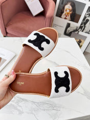 LYMPIA MULE WHITE RAFFIA AND BLACK WOOL LOGO
