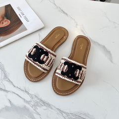 LYMPIA MULE WHITE MIX BROWN RAFFIA BLACK LOGO