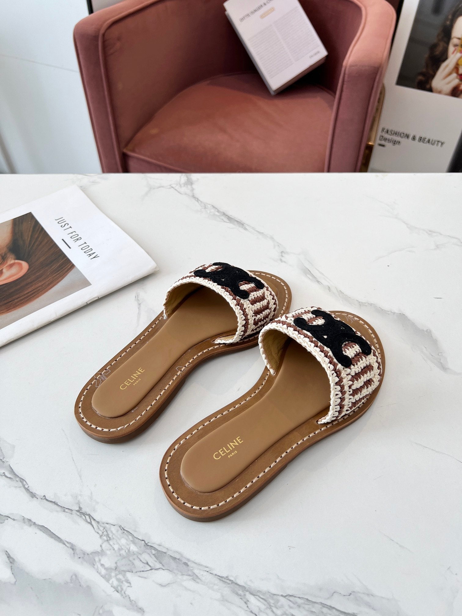 LYMPIA MULE WHITE MIX BROWN RAFFIA BLACK LOGO