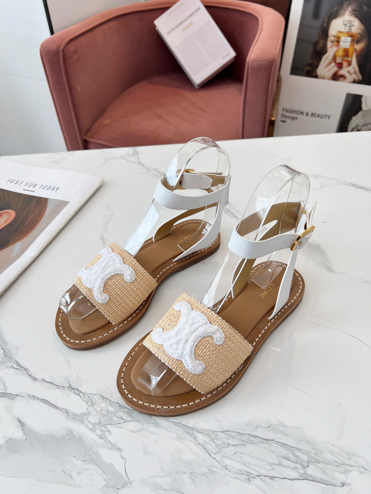 TRIOMPHE SANDALS BEIGE RAFFIA WHITE WOOL
