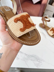 TRIOMPHE SANDALS BEIGE RAFFIA BROWN WOOL