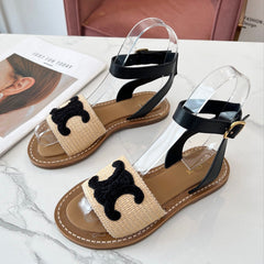 TROMPHE SANDALS BEIGE RAFFIA BLACK WOOL