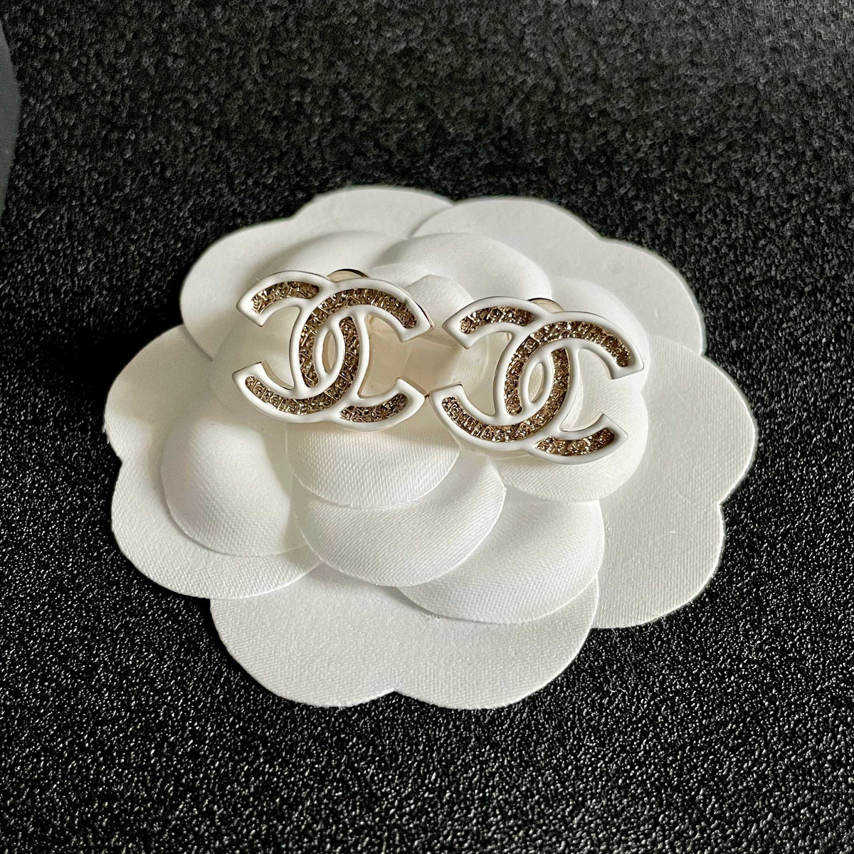DOUBLE C STUD EARRINGS WITH WHITE TRIM AND CENTER STONE