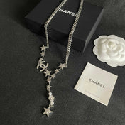 CHANEL 26S DOUBLE C LOGO STAR & PEARL DROP CHAIN NECKLACE IN SILVER METAL 629971