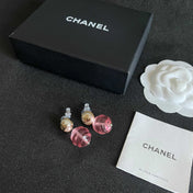 CHANEL 26S DOUBLE C LOGO PEARL STUD EARRINGS WITH PINK GLASS DROP IN GOLD METAL 629892