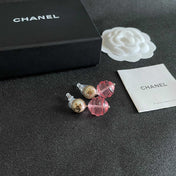 CHANEL 26S DOUBLE C LOGO PEARL STUD EARRINGS WITH PINK GLASS DROP IN GOLD METAL 629892