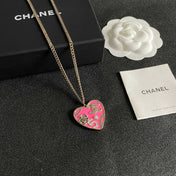 CHANEL 26S DOUBLE C LOGO PINK ENAMEL HEART CHARM NECKLACE WITH NO.5 DETAIL IN GOLD METAL 630795