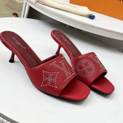 HIGH MULE IN RUBY RED LAMBSKIN WITH RHINSTONES 55 MM