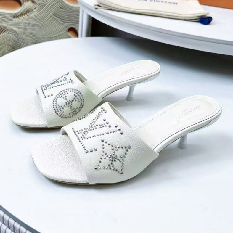 HIGH MULE IN WHITE LAMBSKIN WITH RHINSTONES 55 MM