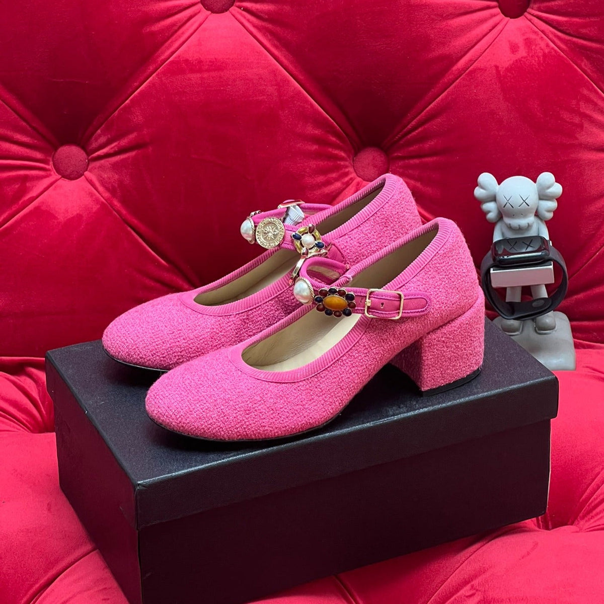 HIGH MARY JANE SHOES HOT PINK WOOL TWEED