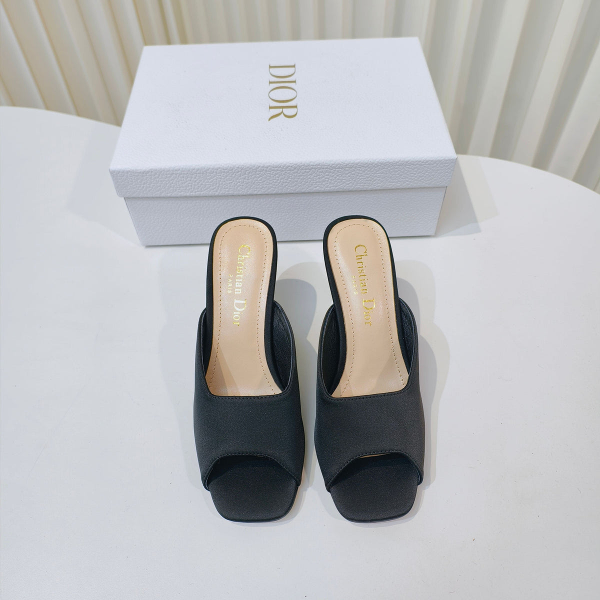 DIOR EMBELLISHED HIGH HEEL SLIDES 25S IN BLACK SATIN
