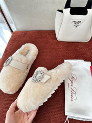 SLIDY VIV' MULES IN BEIGE WOOL WITH STRASS BUCKLE