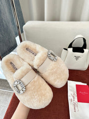 SLIDY VIV' MULES IN BEIGE WOOL WITH STRASS BUCKLE