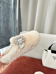 SLIDY VIV' MULES IN BEIGE WOOL WITH STRASS BUCKLE