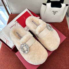 SLIDY VIV' MULES IN BEIGE WOOL WITH STRASS BUCKLE