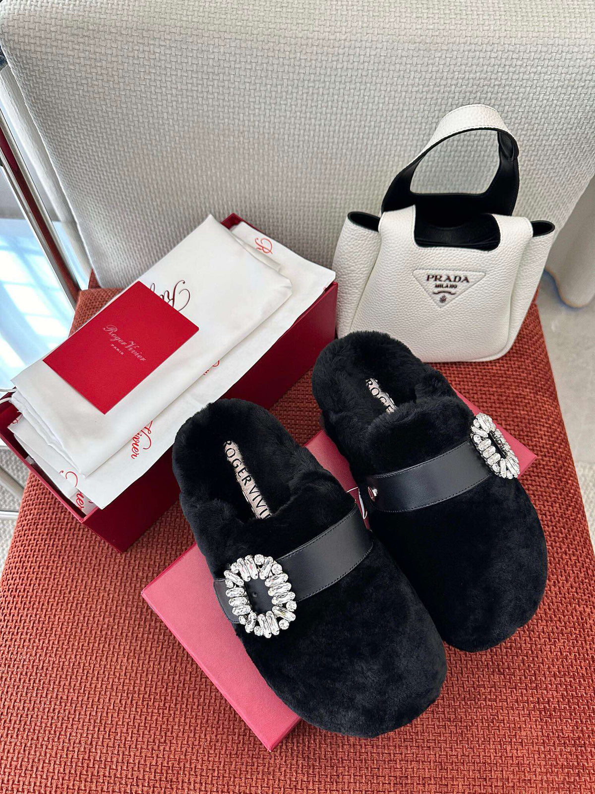 SLIDY VIV' MULES IN BLACK WOOL WITH STRASS BUCKLE