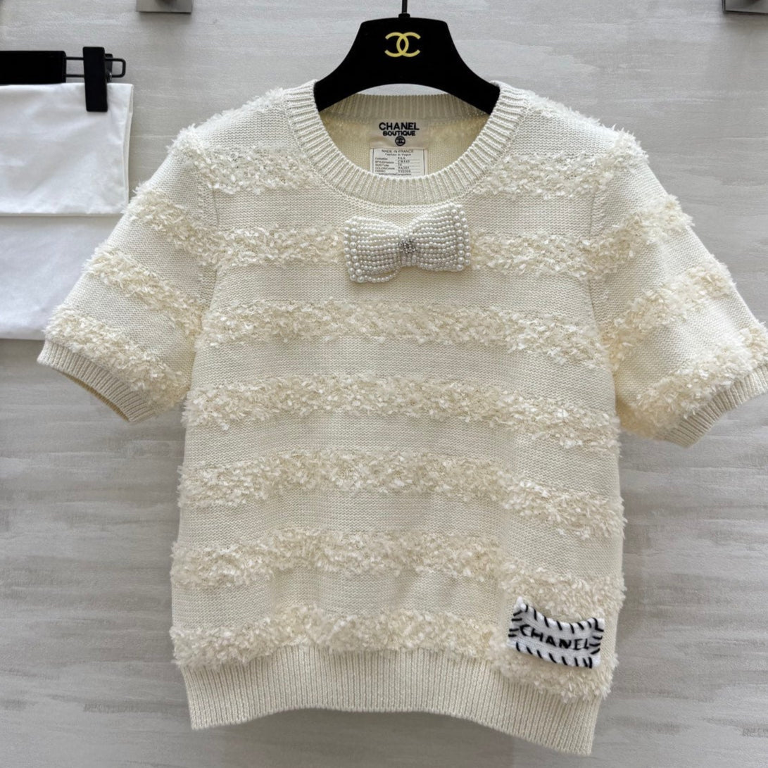 CC Short Sleeve Knitted T-shirt Ivory Imported Fabric