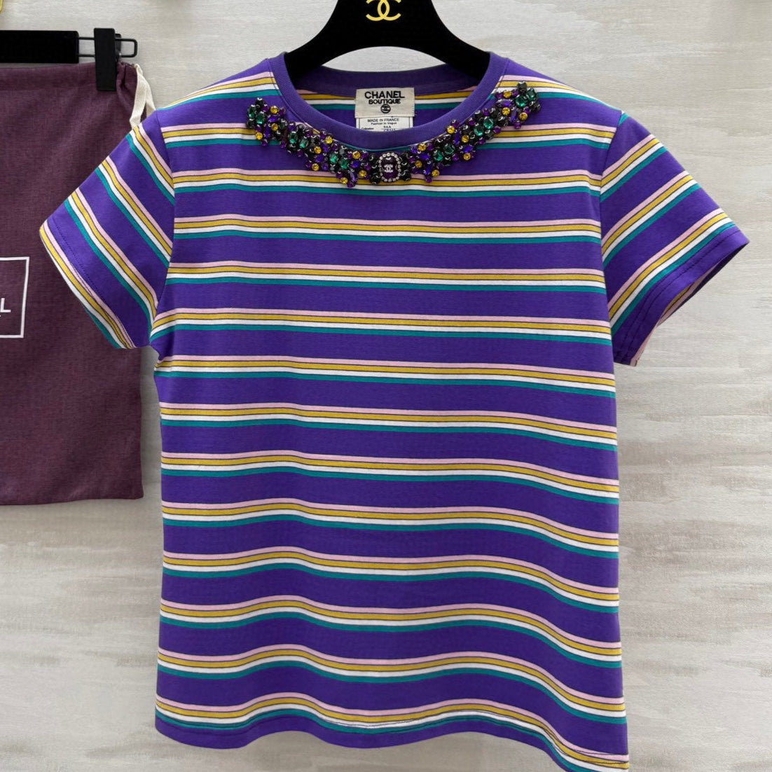 CC Strip Beaded T-shirt Purple Cotton