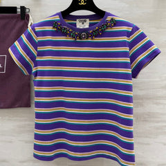 CC Strip Beaded T-shirt Purple Cotton