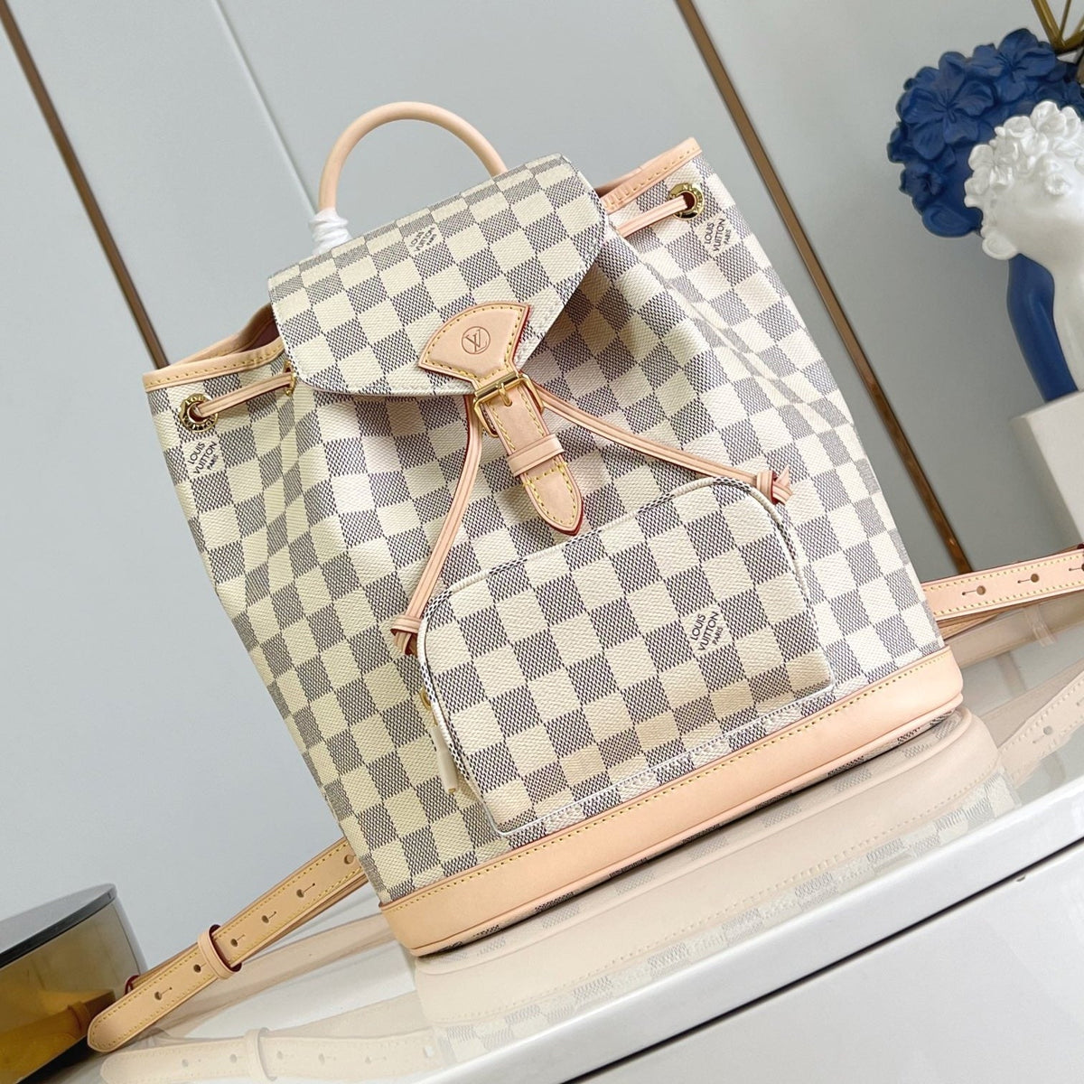 MONTSOURIS BACKPACK PM 30 IN WHITE GREY CHECKERBOARD PATTERN DAMIER AZUR COATED CANVAS