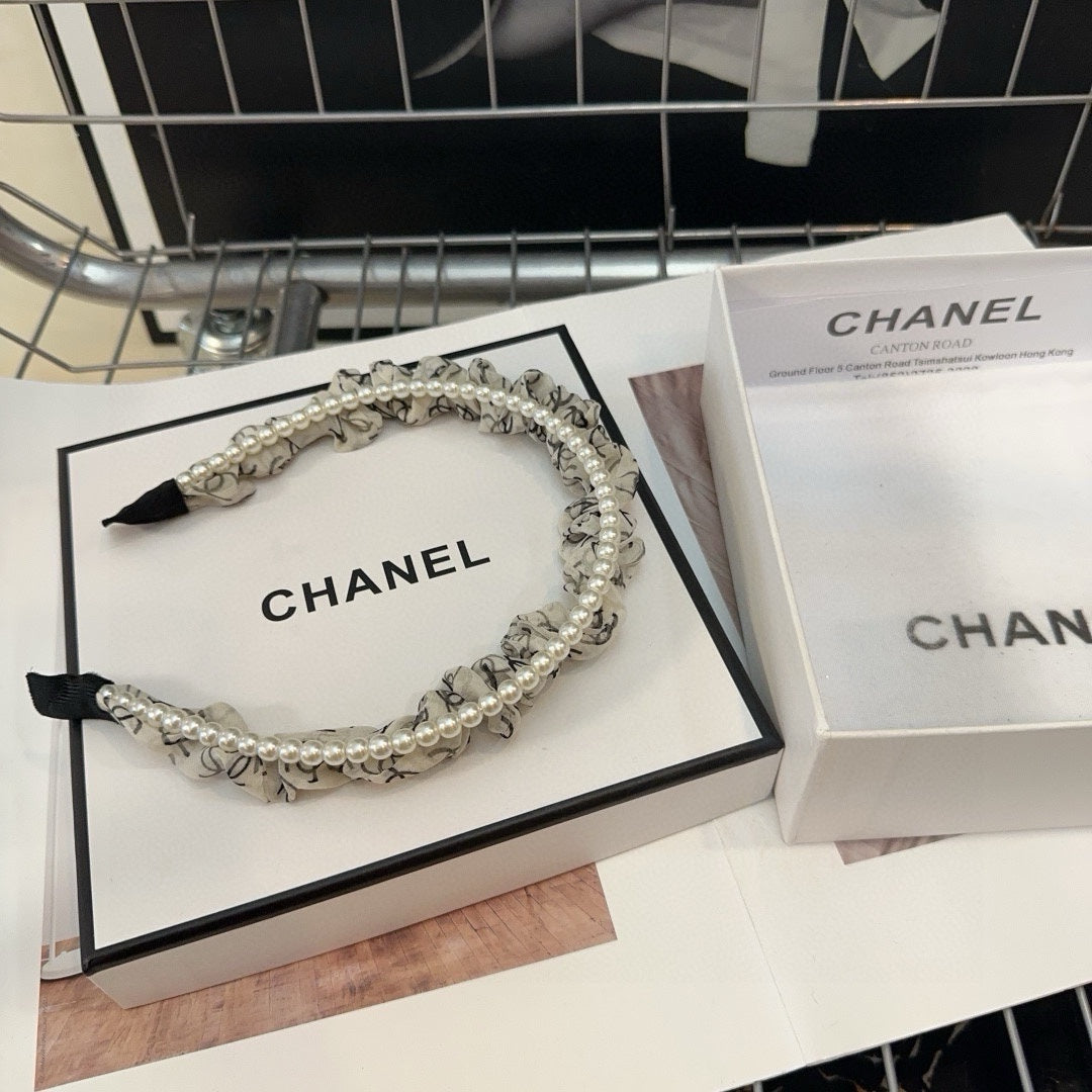 COLORFUL VOILE FABRIC WITH PEARL CHAIN HAIRBAND 410874